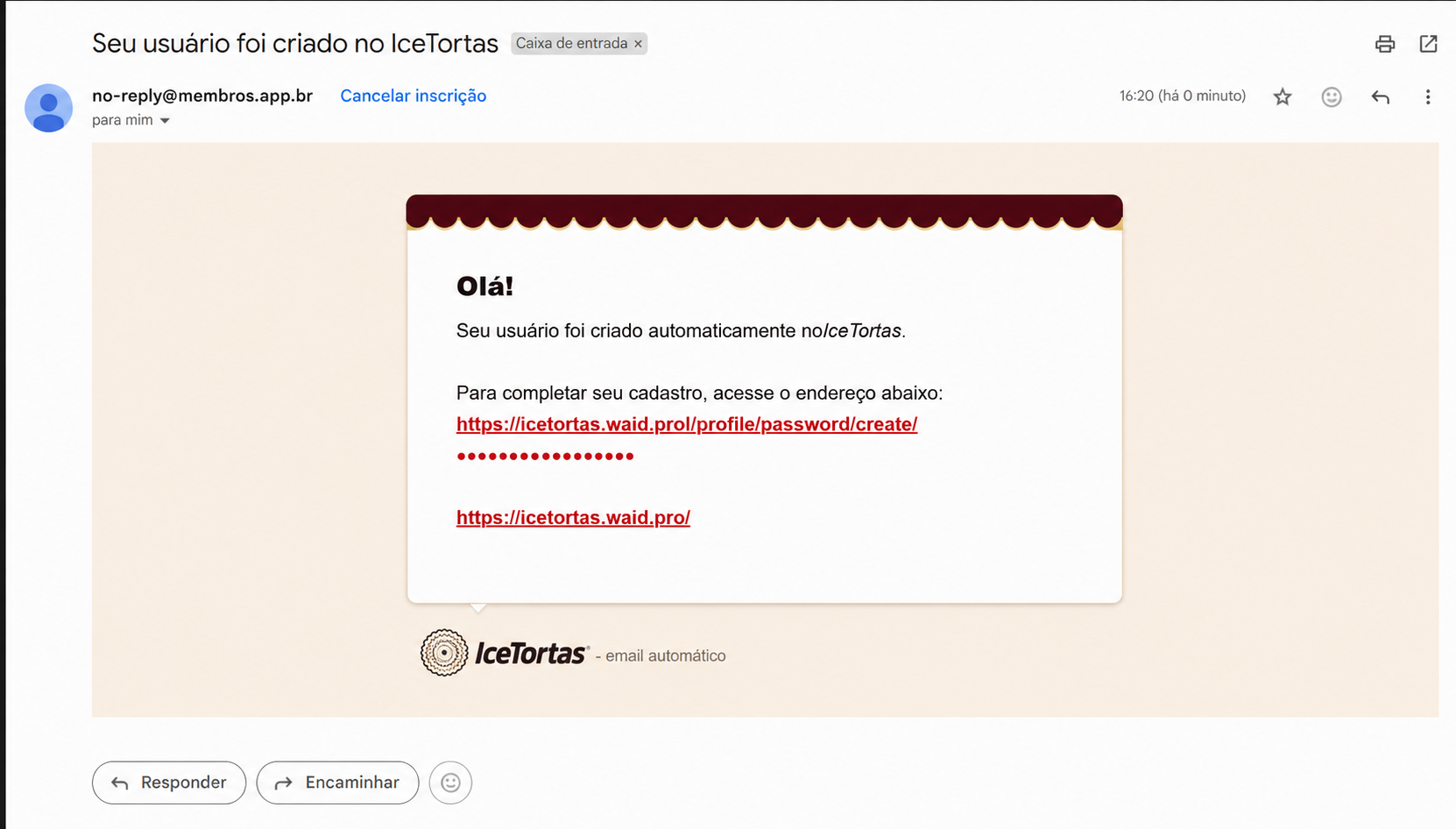 E-mail de criação do usuário IceTortas com o link de acesso destacado